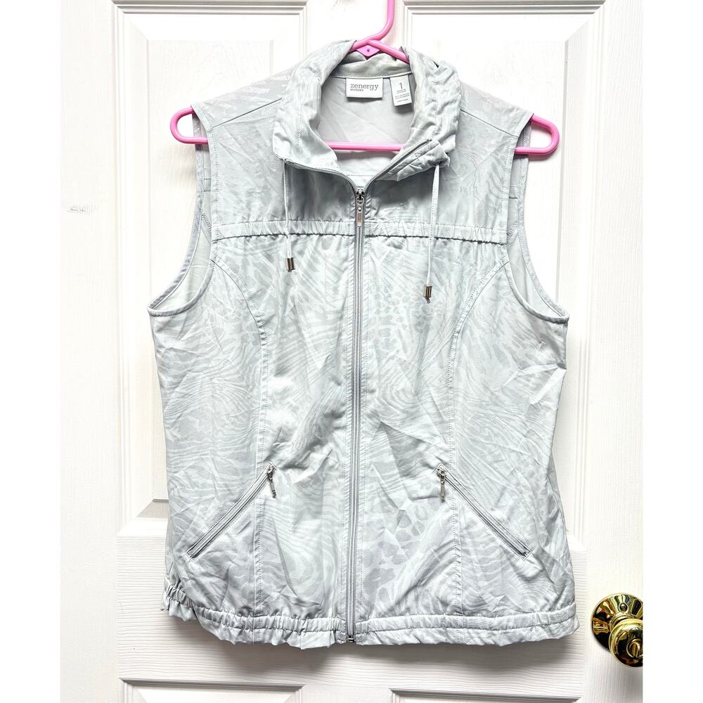 Zenergy by Chico’s Silver Gray Vest Zip Pockets Drawstring Collar Women’s Size S